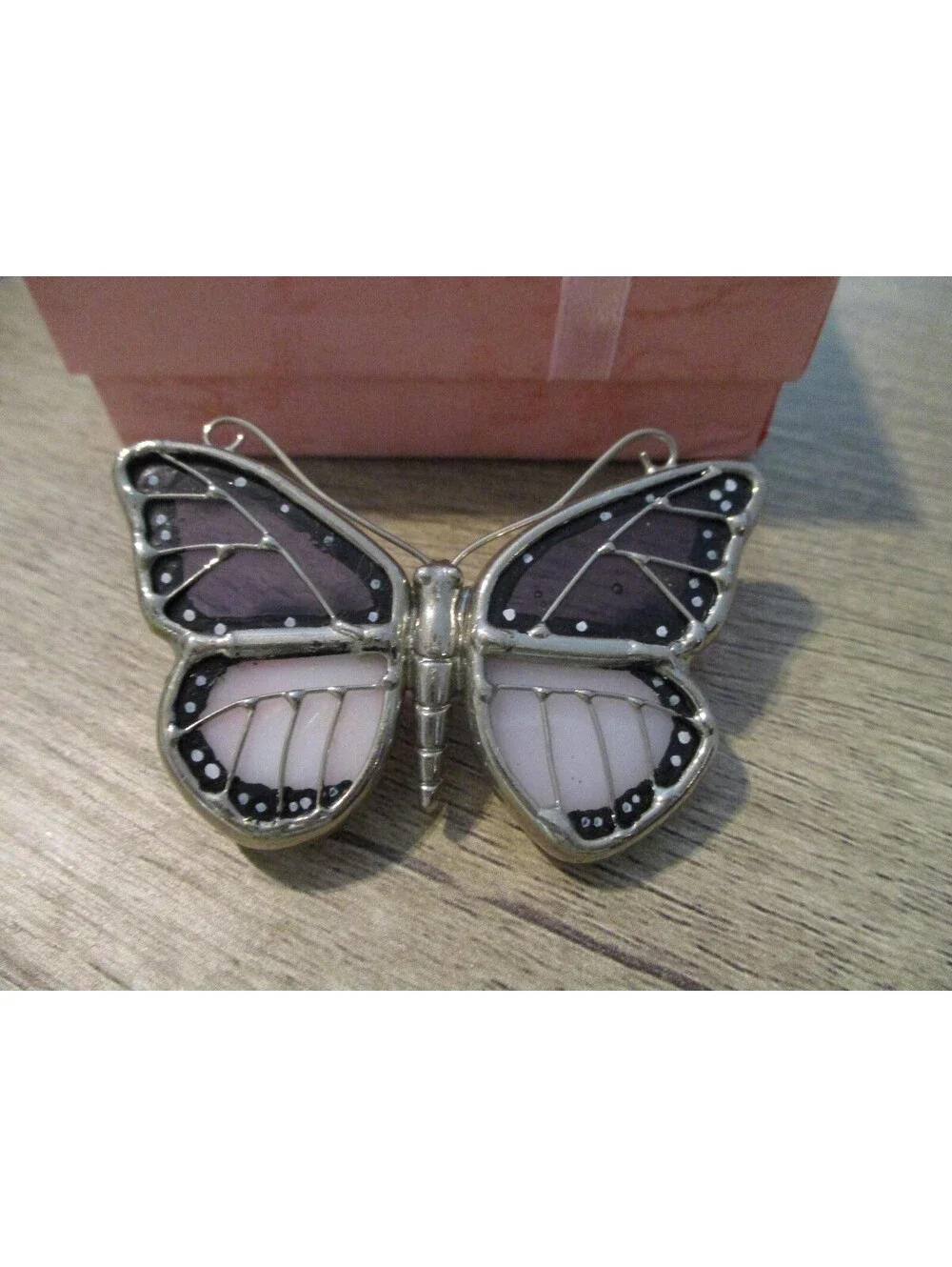 VTG 1980s Stained Glass Look Butterfly Brooch Pin Purple Pink Silver Tone Wing